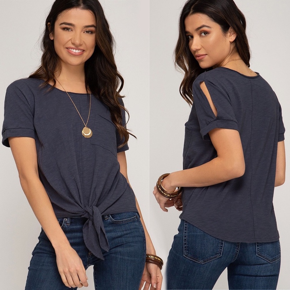 Navy Blue Slit Sleeve | Crew Neck Tie Front Top - Picture 3 of 4
